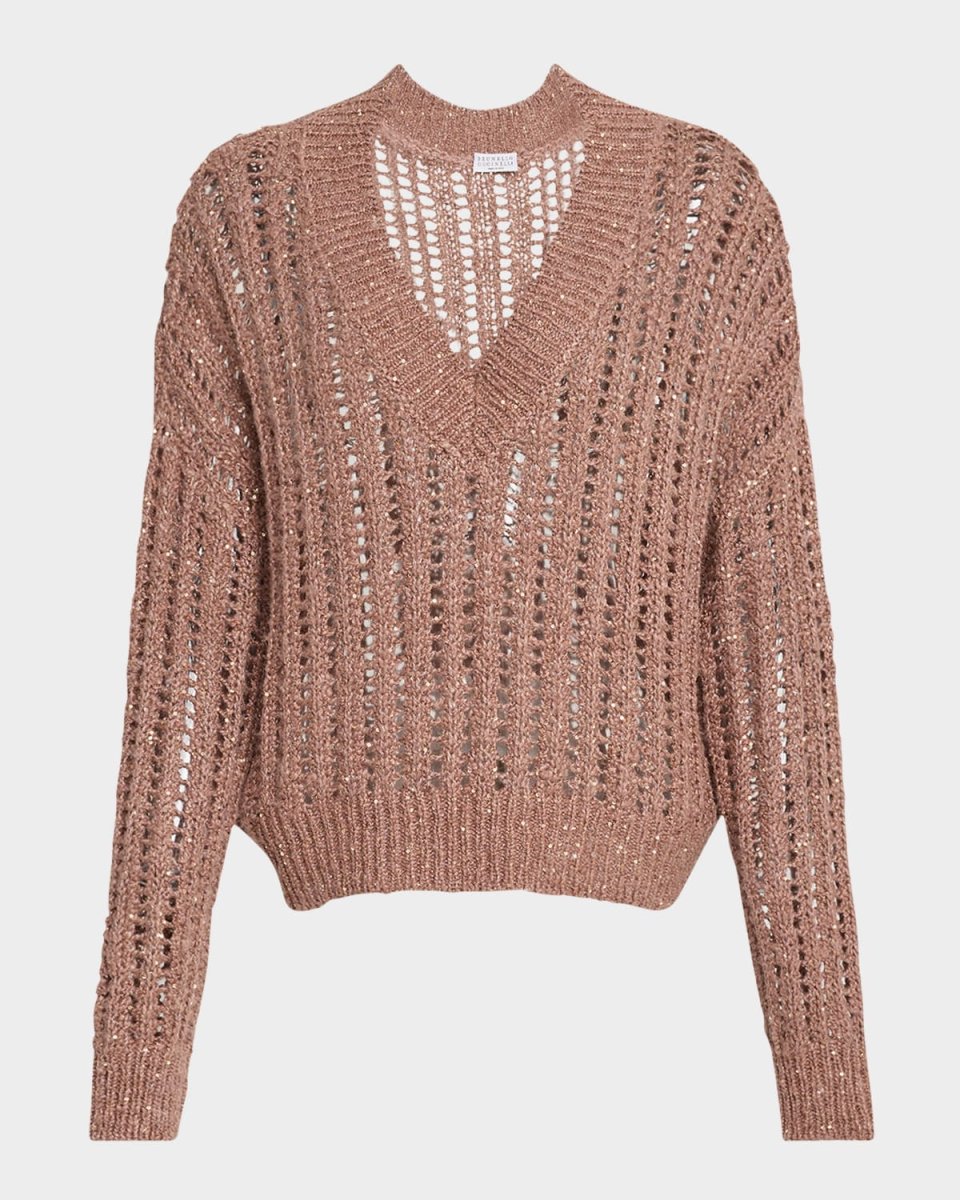 Paillette Open Work Ribbed V-Neck Sweater